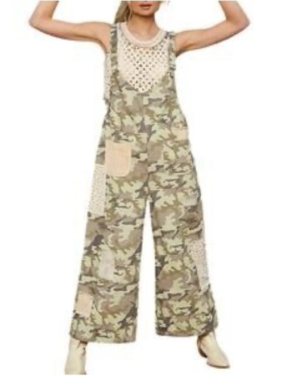POL Pants - POL Camo Wide-Leg Overalls Jumpsuit - Beige & Green